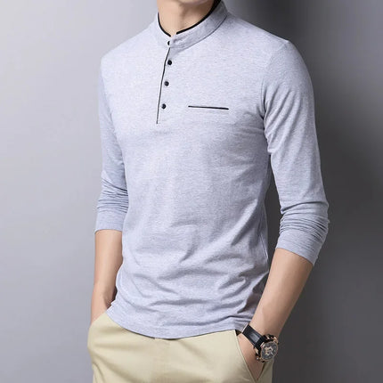 2025 Men's Business Casual Three Button Stand Up Collar Long Sleeved T-shirt Korean Style Comfortable Versatile Top