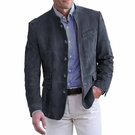 Men Blazers Solid Stand Collar Suits Single Breasted Blazer Business Jackets Long Sleeve Outerwear Cardigan Button Loose