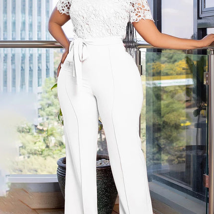 Mlaiscsr Elegant White Jumpsuits with Sashes Club Outfit for Women Lace Patchwork Short Sleeve Birthday Party One Piece Rompers