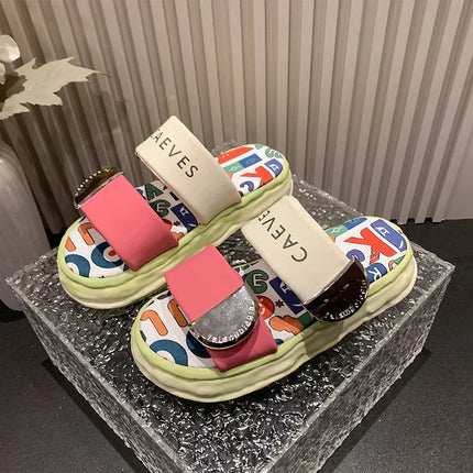 Summer New Platform Soled Ladies Shoes Cross Slippers Women's Wear Graffiti Beach Sandals Metal Buckle Woman Slippers