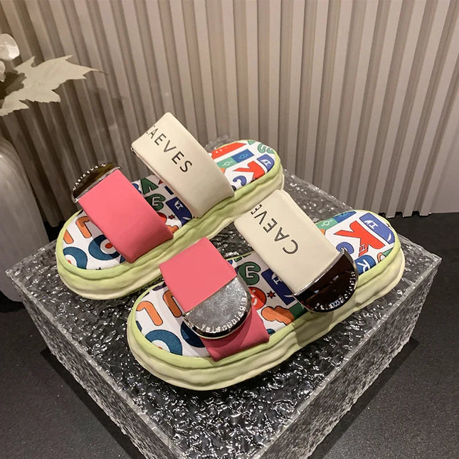Summer New Platform Soled Ladies Shoes Cross Slippers Women's Wear Graffiti Beach Sandals Metal Buckle Woman Slippers
