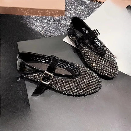 Round Toe Sandals for Women New Rhinestone Full Diamond Fishing Net Hollowed Out One Word Mary Zhen Baotou Flat Single Shoes