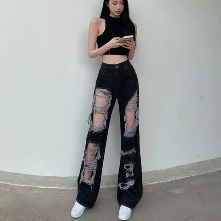 Women Summer Ripped Distressed Jeans Denim Straight Wide LegFloor LengthPants Trousers Long Loose Bottoms Girl Lady FemaleCasual