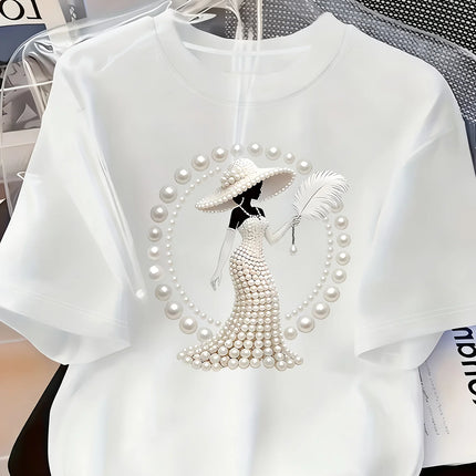 Women's Printed T-Shirt Pearl Diamond Jewelry Women's Design Casual Round Neck Short-sleeved Top Urban Style Printed T-Shirt