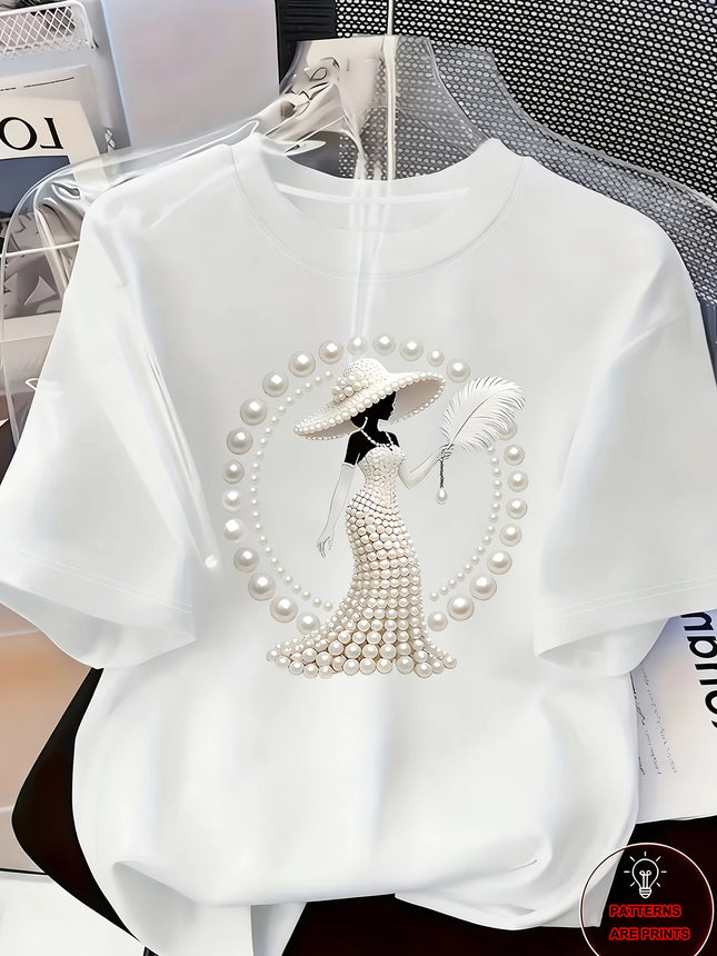 Women's Printed T-Shirt Pearl Diamond Jewelry Women's Design Casual Round Neck Short-sleeved Top Urban