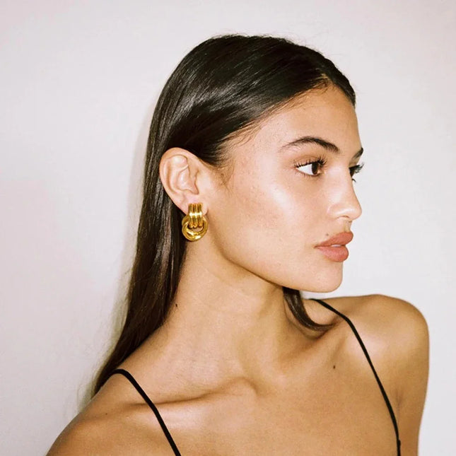 Trendy Stainless Steel Multilayer Circle Twist Knot Earrings for Women Texture Mixed Color Gold Plated - product image 2