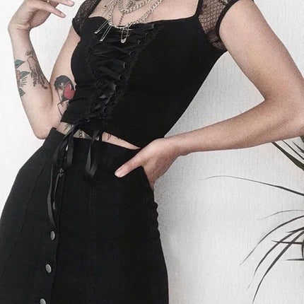 Vintage Tops Goth T-shirt Women Bodycon Bandage Lace Black T-shirts Gothic Streetwear Sexy Female Top Casual Mesh Tee