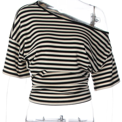 Dulzura Summer Fashion Inclined Shoulder Short Sleeves Slim Fit Striped T-Shirt Women'S Casual Versatile Street Style Outfit Y2K