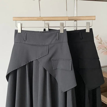 Frence Women Skirts Patchwork Irregular Design Dark Gray A-line Elegant High Waist Long Skirt Summer Fashion Young Office Lady
