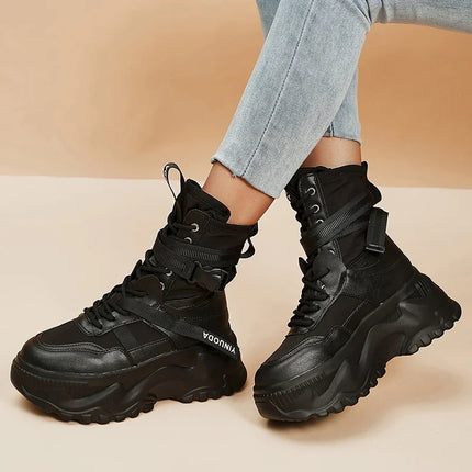 White Chunky Platform Motorcycle Boots Women Buckle Lace Up Thick Bottom Ankle Boots Woman 2024 Autumn Fashion Vulcanized Shoes