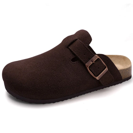 Dark brown textured buckle clog with an open heel