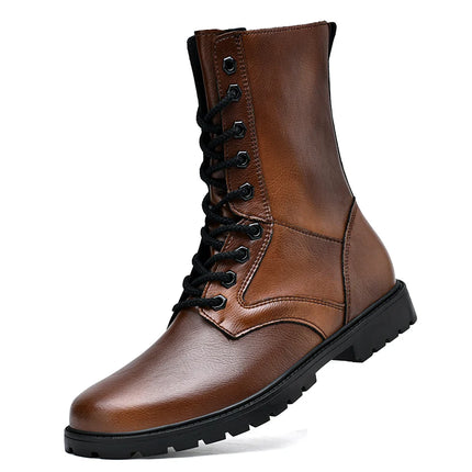 Men's Brown Leather Combat Boots High-Top Lace-Up with Side Zipper Plus Big Size 49 50 51 52