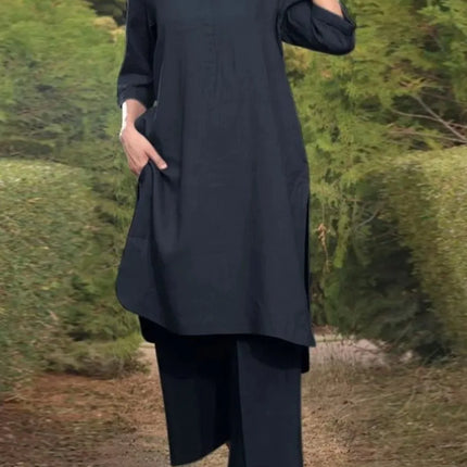 Muslim Women Wide Leg Pant Sets Shirts Loose Solid Two Piece Set V Neck Full Sleeve Long Tops Button Spliced Musulman Ensembles