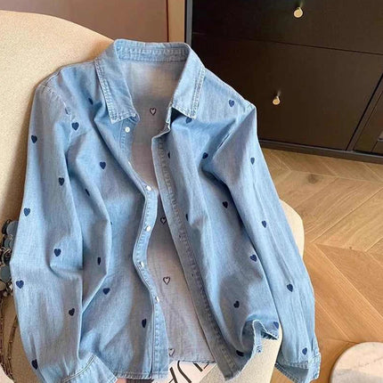 American Retro Blue Soft Denim Shirt Women's Spring Autumn Heart Print Thin Coat Casual Versatile Loose Long Sleeve Top Shirt