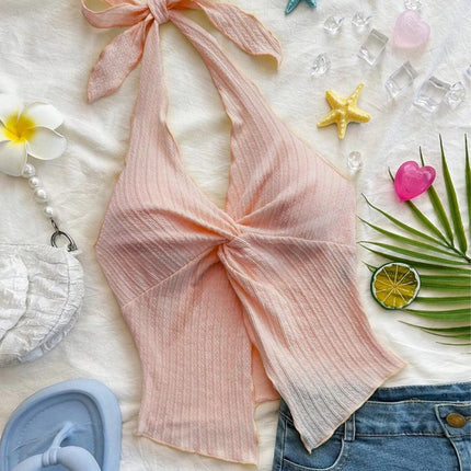 Sexy V-neck Halter Neck Crop Top for Women Summer Sleeveless Solid Split Backless Top Y2K Clothes