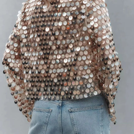 Women Sequin Long Sleeve Tops Sheer Mesh Bell Sleeve Shirt Blouse Y2K Glitter Sparkly Mesh Crop Top Streewear