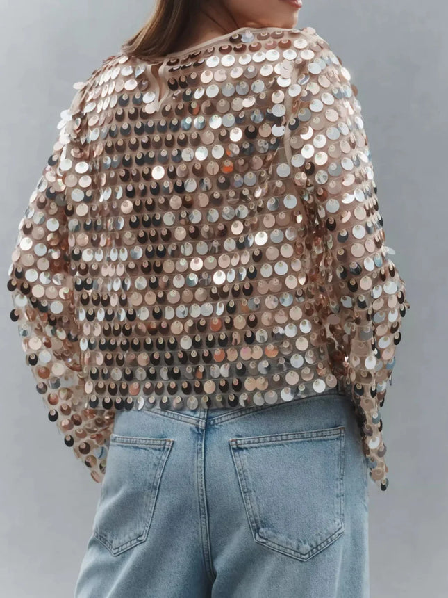 Damen Pailletten Langarm-Oberteile Transparente Netz-Glockenärmel Bluse Y2K Glitzerndes Funkelndes Mesh Crop Top Streetwear