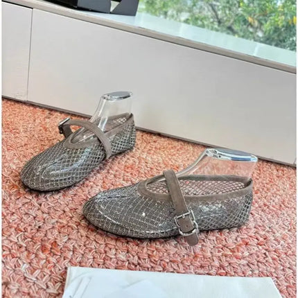 Hollow Mesh Rhinestone Ballet Shoes For Women, Flat Bottomed Mary Jane Single Shoes, Straight Strap Fishing Net Shoes