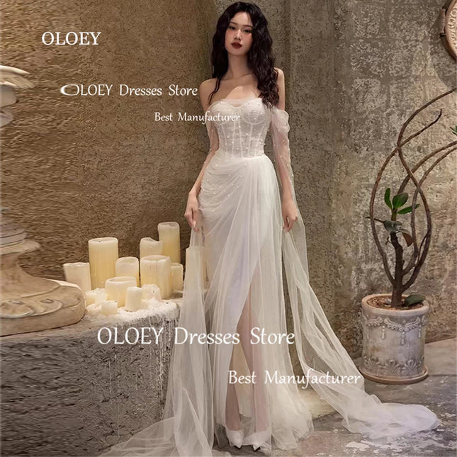 OLOEY Exquisite elfenbeinfarbene Hochzeitskleider Fotoshooting Perlen Sweetheart Langarm Brautkleider Plissiert Hoher Schlitz Maßgeschneidert