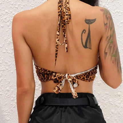 Leopard Print Halter Crop Top for Women Backless Bandage Lace-Up Sequin Metal Ring Detail Party Club Bustier 2025 Style