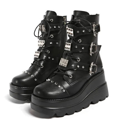 Women's Platform Wedge Ankle Boots Goth Punk Combat Motorcycle Boots Lace Up Side Zip Multi Buckles Studded Spiked Cosplay Shoes