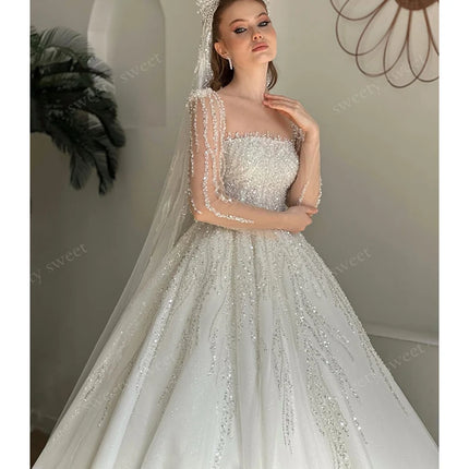 Luxurious Wedding Dress Embroidery With Bead Ball Gown A-Line Square Collar Full Sleeve Customized Bride Dress Vestido De Novia