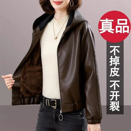 Velvet PU Leather Coat Woman 2025 New Fur Jacket Autumn Winter Hooded Loose Outerwear Slim Short Leather Jackets Ladies Outcoat
