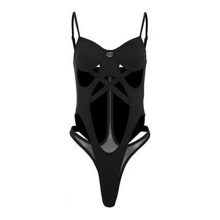 Y2K Black Bodysuit Women Hollow Out Sexy Sleeveless Tops Spaghetti Strap Streetwear Bodycon Jumpsuit Festival Aesthetic Clothes