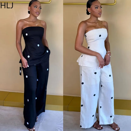 HLJ Women Polka Dot 2 Piece Outfits Elegant Bandeau Tube Top + High Waist Wide Leg Pants Set Summer Casual Streetwear Holidays