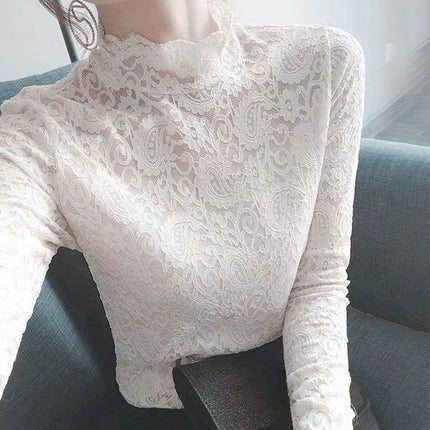 Autumn Winter High Neck Lace Long Sleeve Thick & Thin Fleece Basics Tops Elegant T-Shirt Trend Slim Sexy