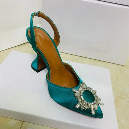 2026  European and American Women's Satin High Heels Pointed Sun Buckle Decorative Fashion Shoes