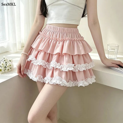 Sweet Ballet Ruffles Mini Skirt Women Ball Gown Casual Pumpkin High Waist Puffy Y2k Clothes Lolita Pleated Skirt with Shorts