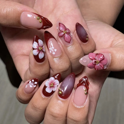24pcs Pink Flower Almond Press on Nails Kawaii False Nails Wearable Stick-on Nails Fake Nail Uñas Postizas Накладные Ногти 네일팁
