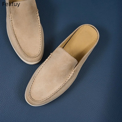 Apricot Men's Cow Suede Leather Slip-on Loafers British Style Flat Casual Dress Boat Shoes Lightweight Comfort Moccasins for Men