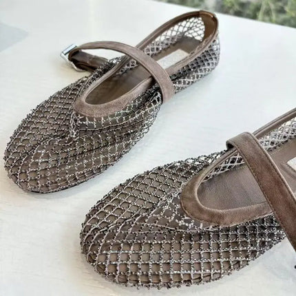 Hollow Mesh Rhinestone Ballet Shoes For Women, Flat Bottomed Mary Jane Single Shoes, Straight Strap Fishing Net Shoes