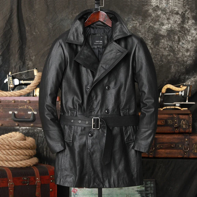 2025 Schwarze Lange Lässige Windjacke Herren Lederjacke aus Rindsleder mit Revers Naturkalbsleder Dicke Zweireiher Herrenbekleidung