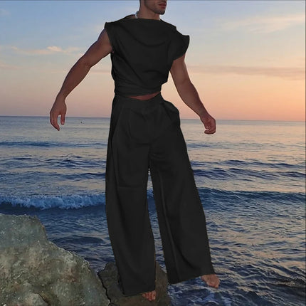 INCERUN Men Sets Solid Color Sleeveless Pleated Crop Tank Tops & Pants Two Pieces Sets Streetwear Loose 2025 Fashion Men's Suits