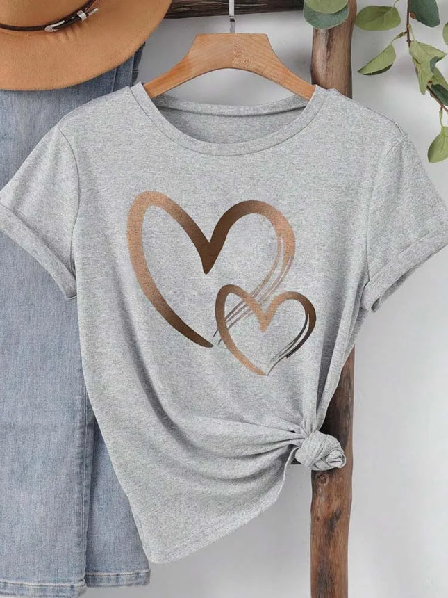 Camiseta de mujer de nueva moda de verano con estampado de corazón, top informal de cuello redondo de manga corta para mujer, ropa de mujer
