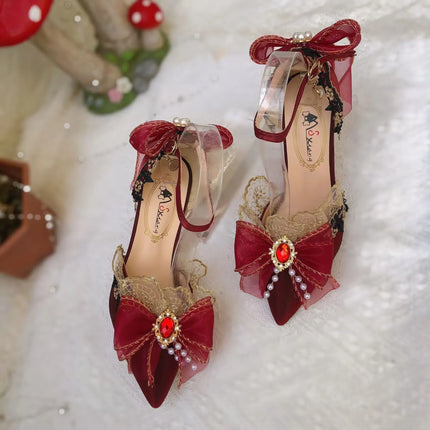 Elegant Pointed Toe Women's High Heels Luxury Bow Wedding Shoes Bride Pumps Mary Jane Shoes Kawaii Girl High Heels Women's Shoes