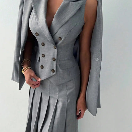 3pcs Women Elegant Work Casual Business Suit Set: Fitted Vest for Spring/Summer, Pleated Midi Skirt, Suitable for Office Lady
