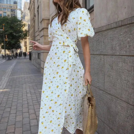 Summer Women Psrinted Dress Lace Up Short Sleeve Fashion Office Lady Long Dress 100% Cotton Daily Casual V-neck Dress ZAM8