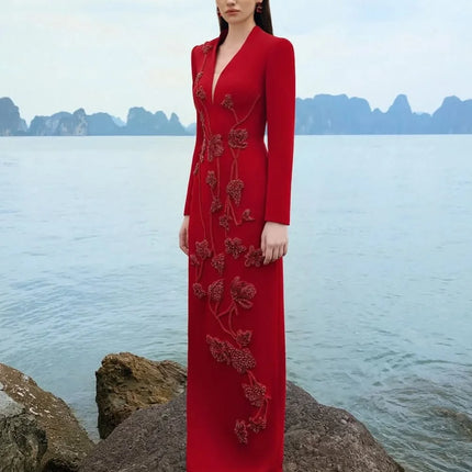 Customized Red V - Neck Prom Dress With 3D Flower Embellished Bodice Long Sleeve Maxi Skirt With Train Formal Evening Party Gown