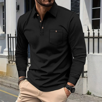 Men's Waffle Knit Polo Henley Shirt - Casual Long Sleeve Turn Down Collar Chest Pocket Button Tee