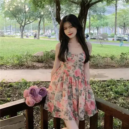 Elegant High-waisted Slimming Floral Tank Dress For Women Spring Summer French Style Petite Mini Dress A- line Sleeveless