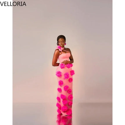 Hot Pink Pom Mermaid Maxi Evening Dress for African Women Strapless Bodycon Formal Party Gown Floor-Length Prom Gown Customized