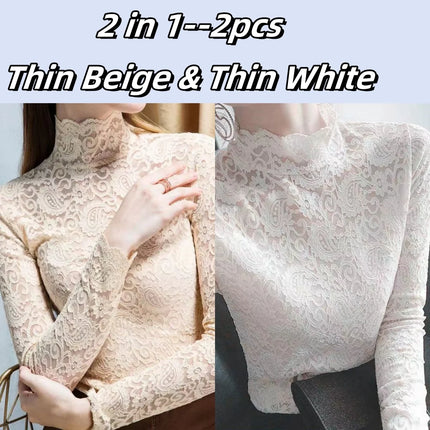 Autumn Winter High Neck Lace Long Sleeve Thick & Thin Fleece Basics Tops Elegant T-Shirt Trend Slim Sexy