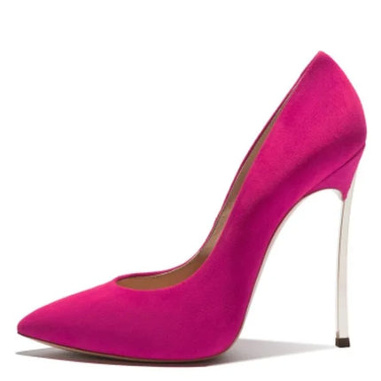 Rose Matte Leather High Heels Stilettos Metallic Heels Women Sexy Pointy Toe 10CM Blade Heels Pumps Slip On Party Ball Shoes