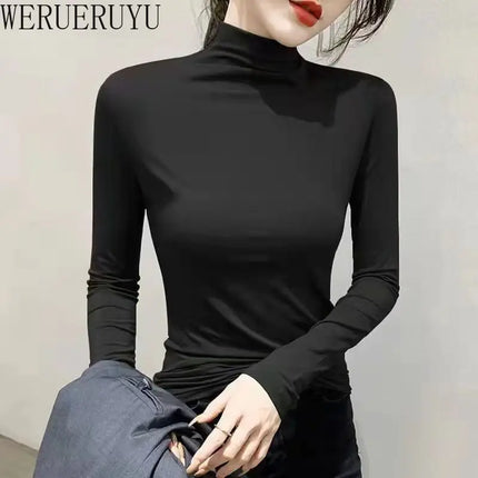 Black Turtleneck T-shirt Long Sleeve Tops Y2k Clothes Autumn Winter Korean Modal Elegant T-shirts for