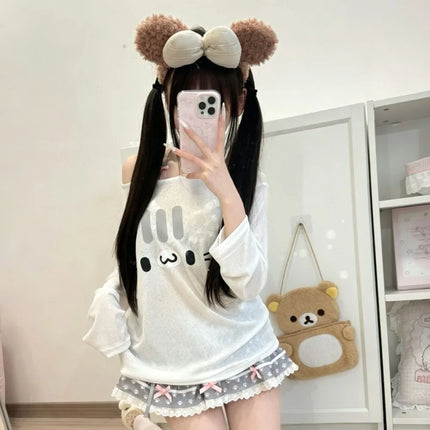 Japanese Sweet Print Long Sleeve T-shirt Women Summer Cute Off Shoulder Sheer Thin Sunscreen Tops Kawaii Y2k Aesthetic Slim Tees