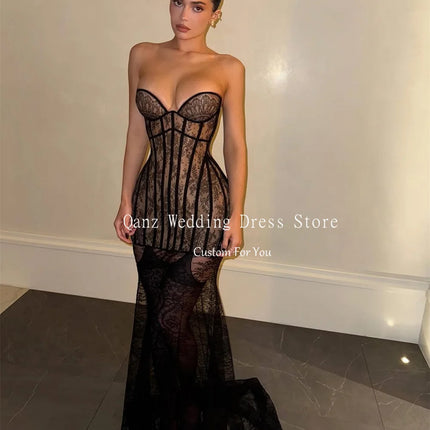 Qanz Sexy Black Lace Prom Dress Sweetheart Mermaid Corset Back Illusion Evening Dresses Woman Elegant Party Gowns Customized